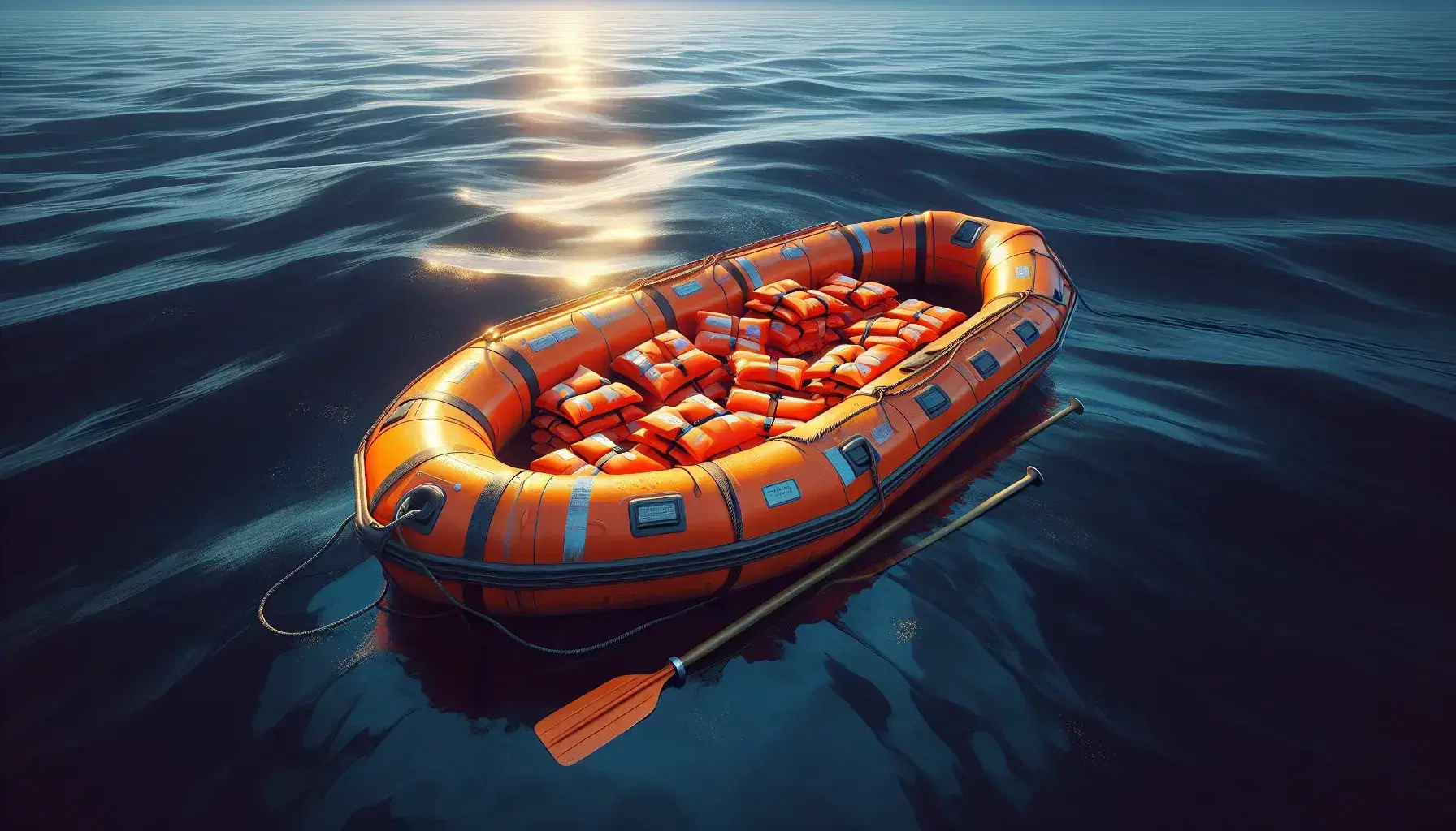 Bote salvavidas naranja flotando en aguas azul oscuro con chalecos salvavidas y un remo de madera, reflejos del sol en el mar y horizonte despejado.