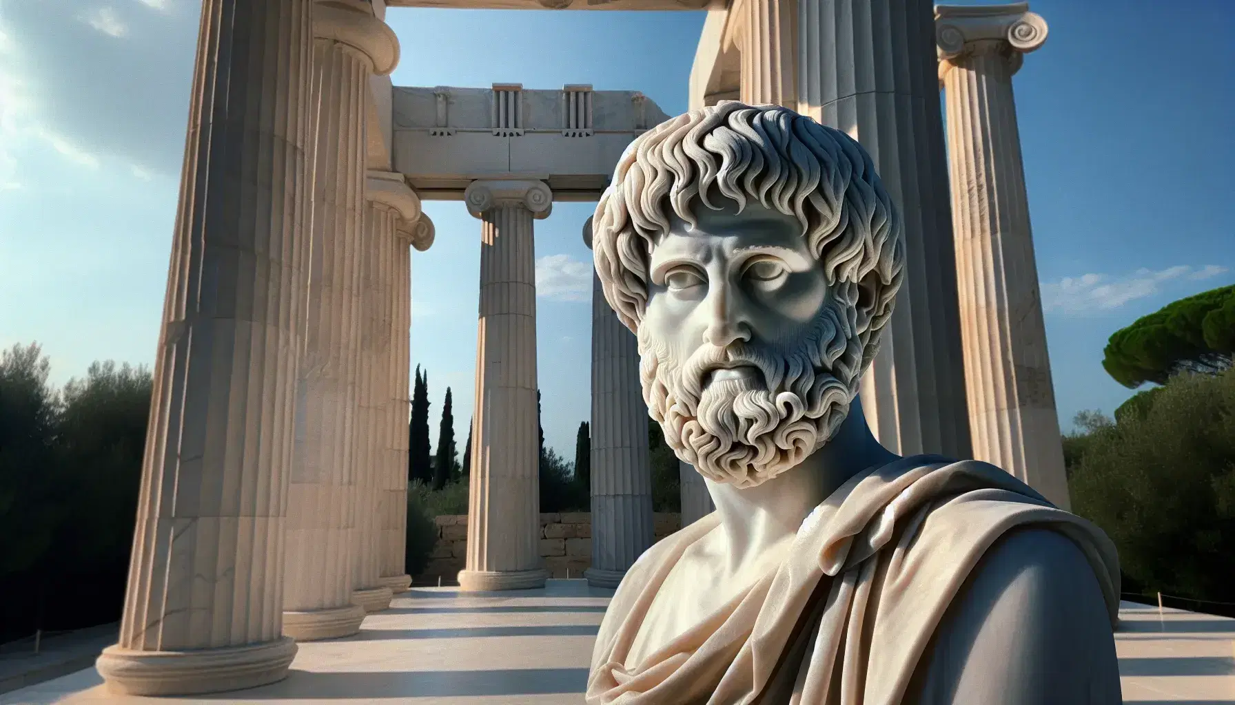 Estatua de mármol blanco de Aristóteles con túnica, mirada pensativa, rodeado de columnas dóricas y árboles bajo cielo azul.