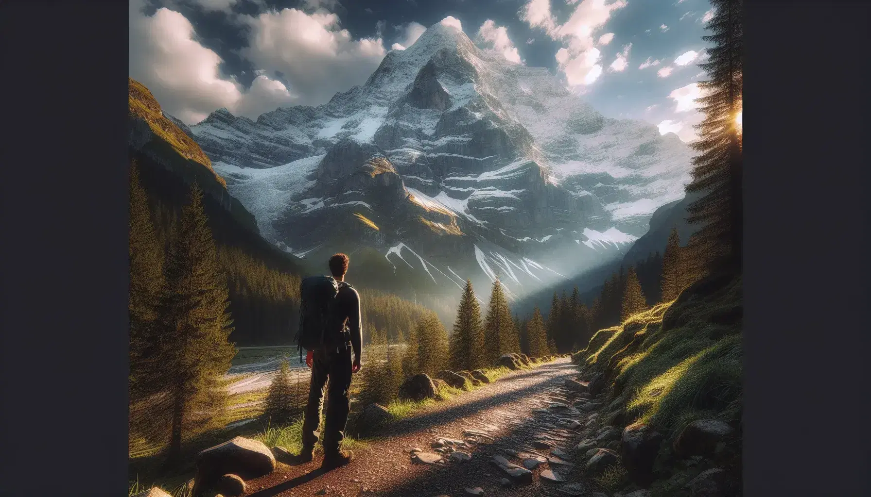Montagna innevata con sentiero in primo piano e figura umana in contemplazione, circondata da foresta verde sotto cielo azzurro.