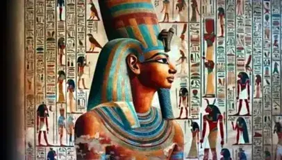 Ancient Egyptian painting depicting a pharaoh with nemes and ceremonial beard, an animal-headed deity, and attendants in a decorated temple.
