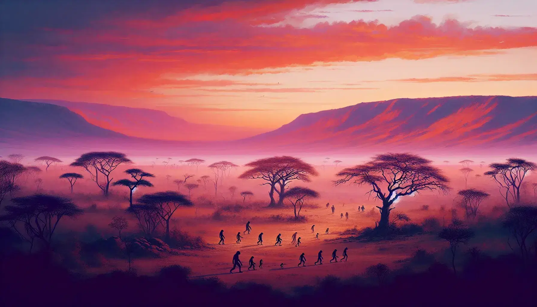 Tramonto nella Rift Valley africana con silhouette di alberi della savana e ombre di Australopithecus in lontananza.