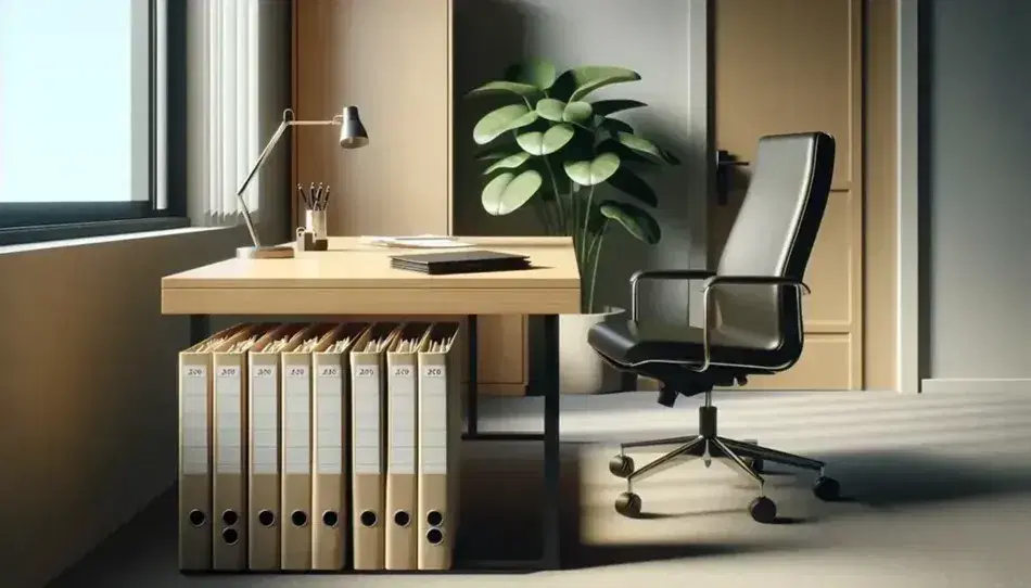 Professional office setting with a wooden desk, stacked manila folders, a silver pen, ergonomic chair, potted plant, and a frosted glass door.
