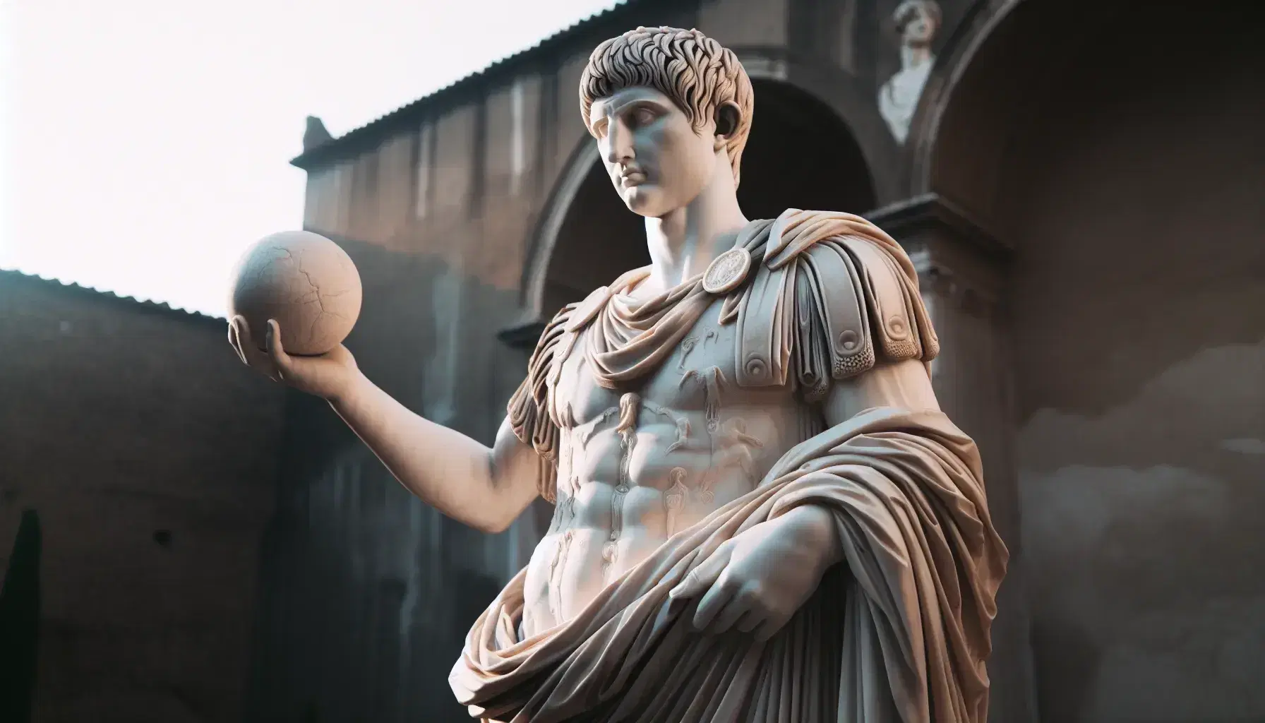 Statua in marmo bianco di Augusto con toga, braccio destro alzato e sfera in mano, in posa riflessiva, sotto luce naturale.