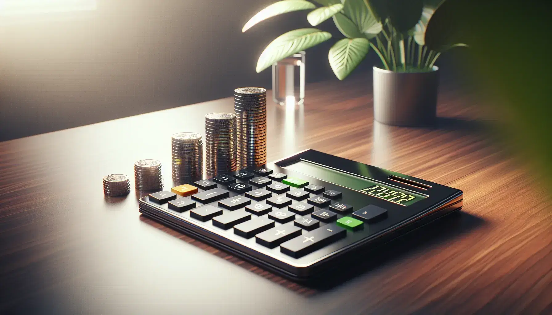Modern calculator with large display and green equals button on wooden desk, flanked by ascending stacks of coins, with blurred plant and water glass in background.