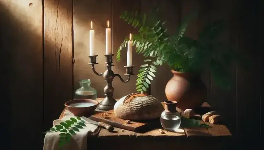 Mesa rústica de madera con candelabro metálico y velas blancas, una sin encender, bol de agua, pan casero y planta verde en maceta de barro.