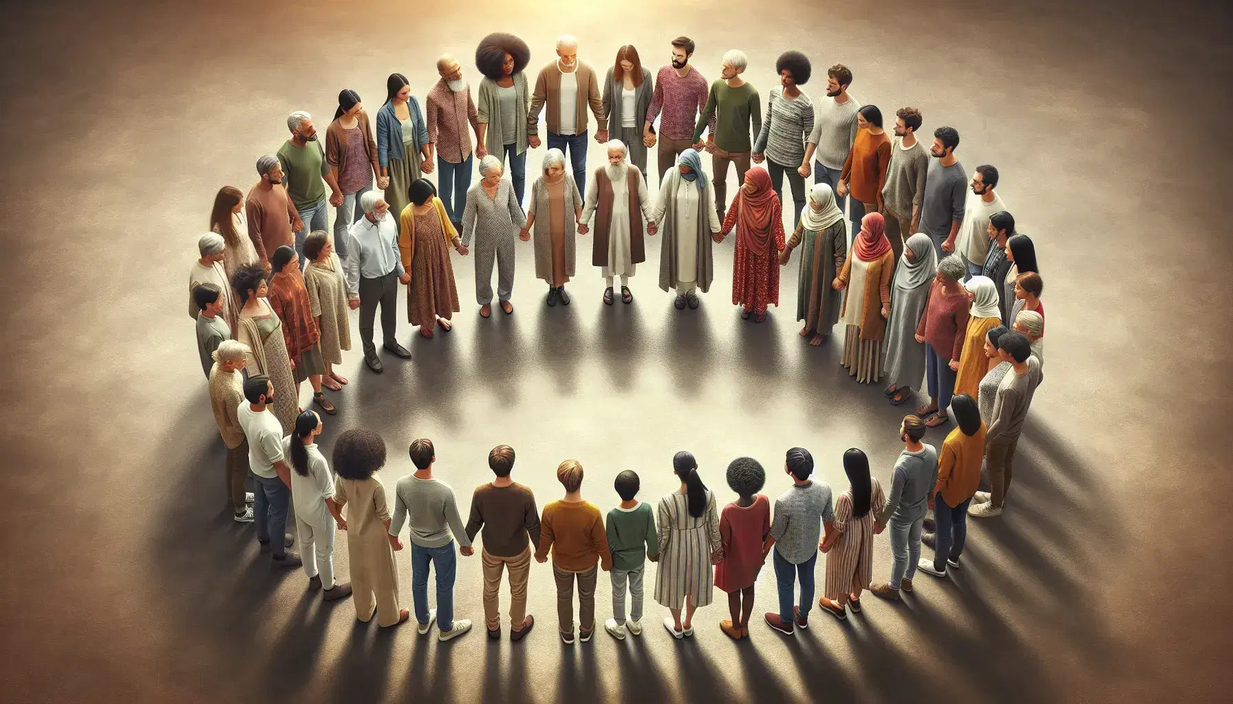 Multi-ethnic group of men and women of different ages and clothing holding hands in a circle, symbolizing unity and cooperation.