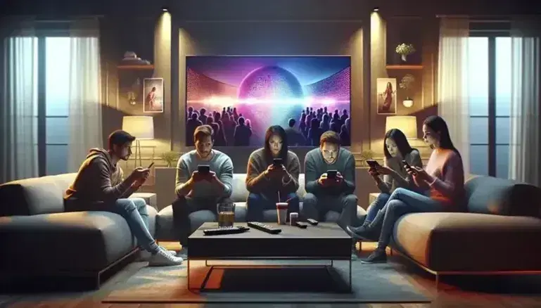 Grupo de cinco personas en sofá gris usando dispositivos móviles frente a TV encendida en sala de estar acogedora con iluminación suave.