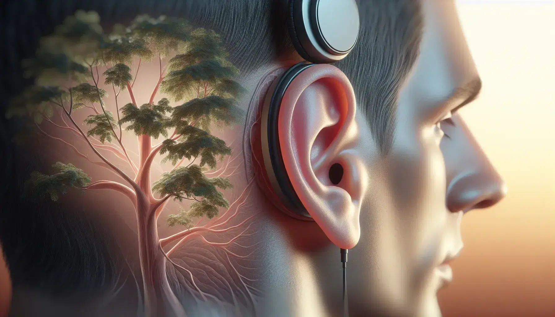 Human ear in profile with emphasis on the external ear and ear canal, tree with green leaves and blurry figure with black headphones.