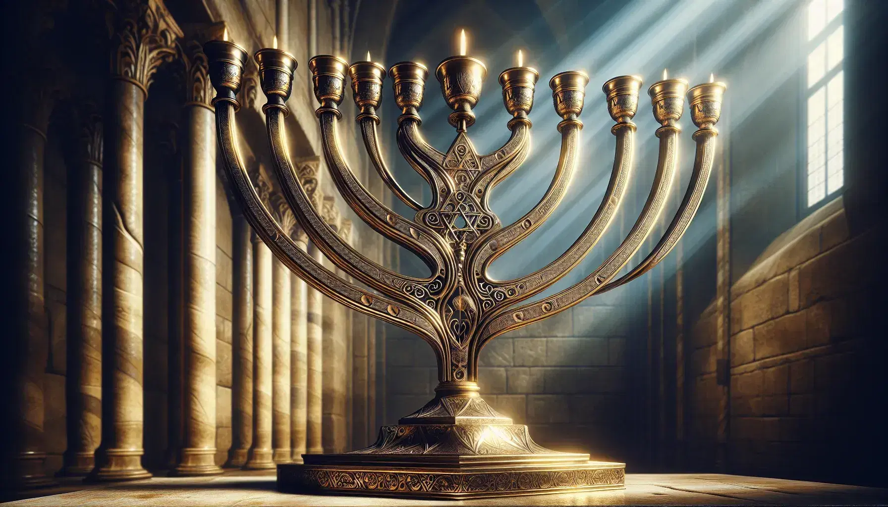 Menorah ebraica a sette bracci in metallo lucido senza candele su sfondo sfocato di muro in pietra, simbolo di tradizione e storia.