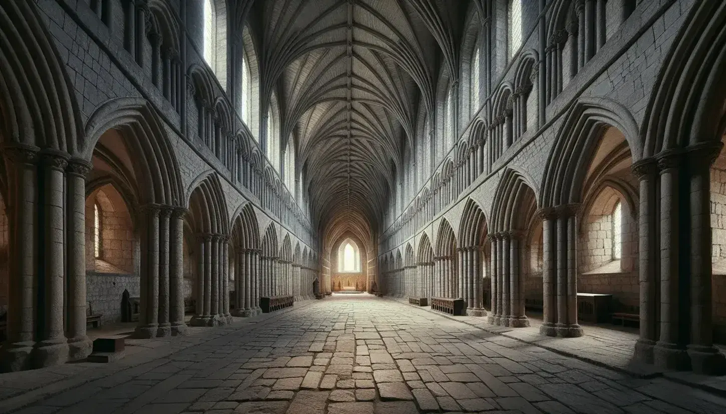 Interno di un'abbazia medievale con archi a sesto acuto, pareti in pietra grigia, pavimento in lastre consumate e volta a crociera illuminata da finestre semplici.