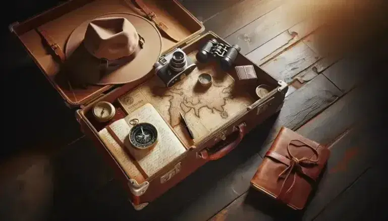 Valigia vintage in pelle marrone aperta con mappa antica, bussola, binocolo, macchina fotografica e cappello esploratore su pavimento in legno.