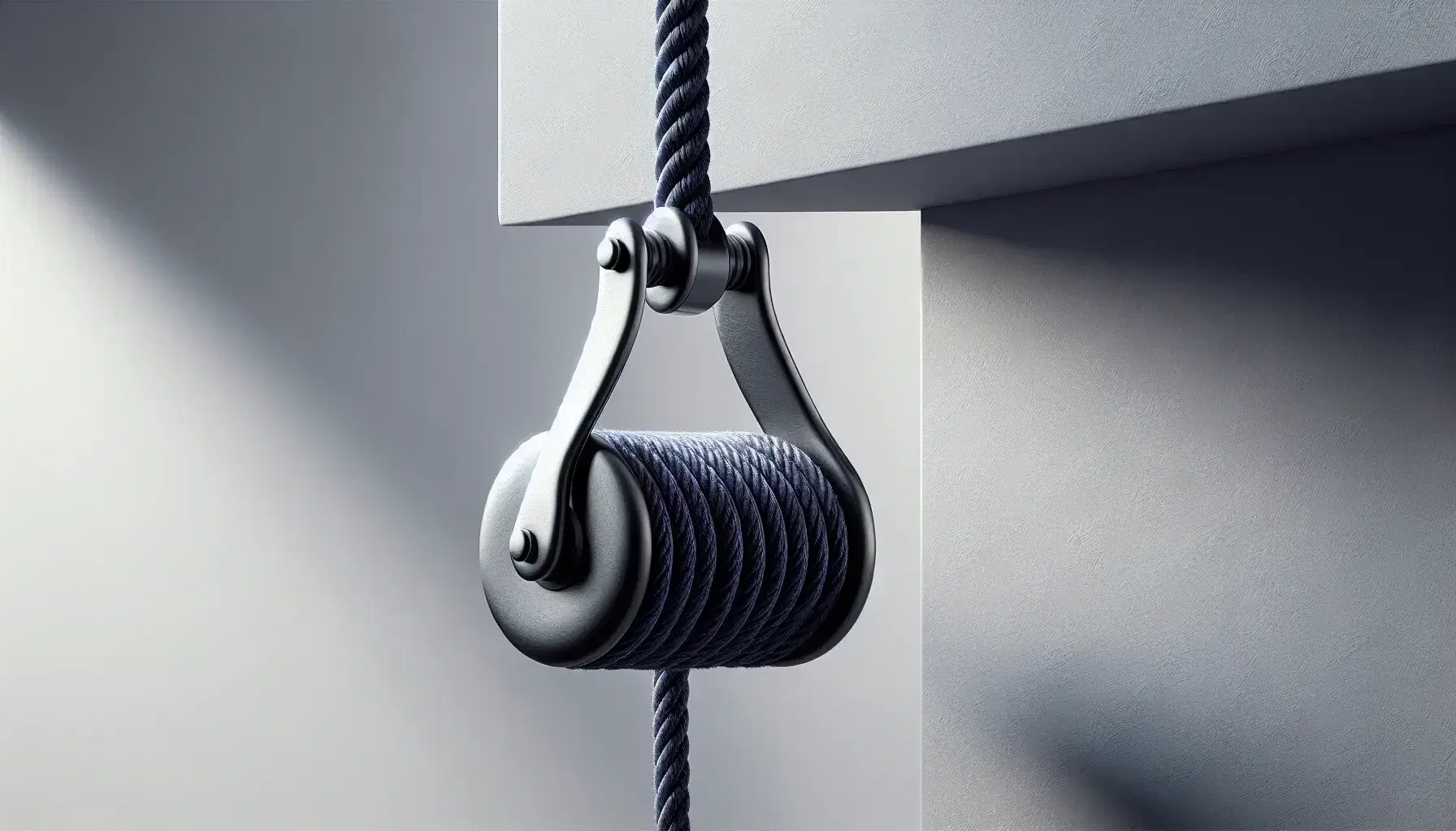 Close-up view of a silver pulley system with a navy blue rope looped over it, tensioned by a hanging black cylindrical weight.