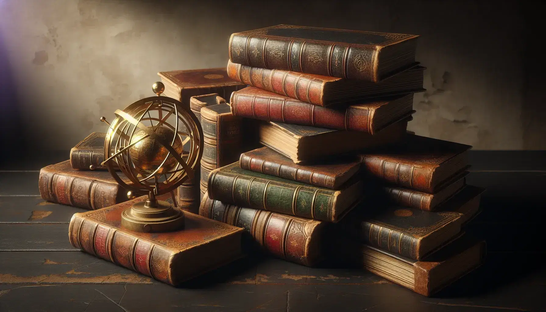 Antigua colección de libros de cuero apilados con esfera armilar dorada encima en mesa de madera oscura, reflejando suavemente la luz lateral.