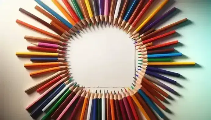 Matite colorate affilate disposte a cerchio su sfondo bianco con foglio al centro, pronte per disegnare.