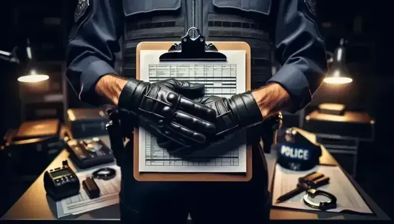 Close up of a police officer's gloved hands holding a clipboard, with blurred background of equipment such as radio, handcuffs and high visibility vest.