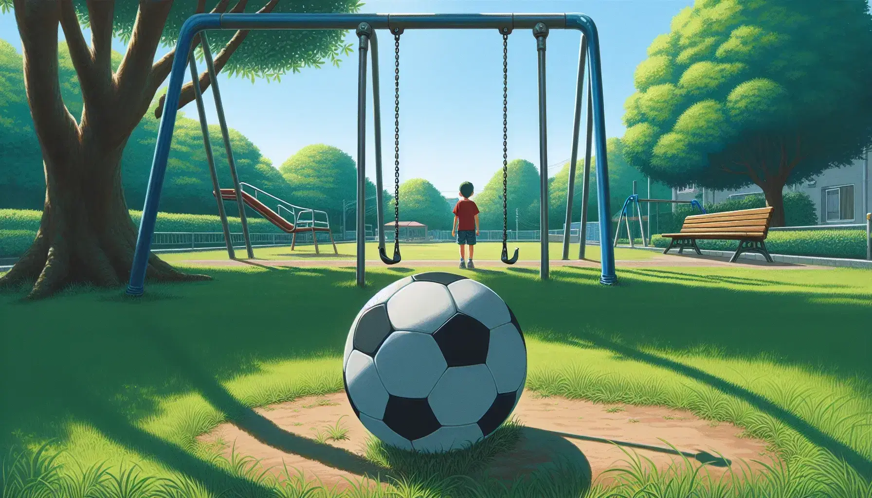 Pelota de fútbol en primer plano con niño al fondo en parque soleado, columpio en movimiento y árbol frondoso.