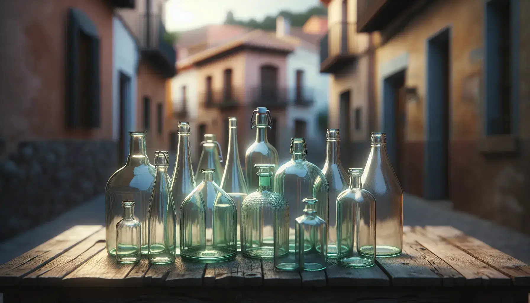 Assorted empty glass bottles on a wooden table with a blurred Spanish street background, reflecting soft natural light.