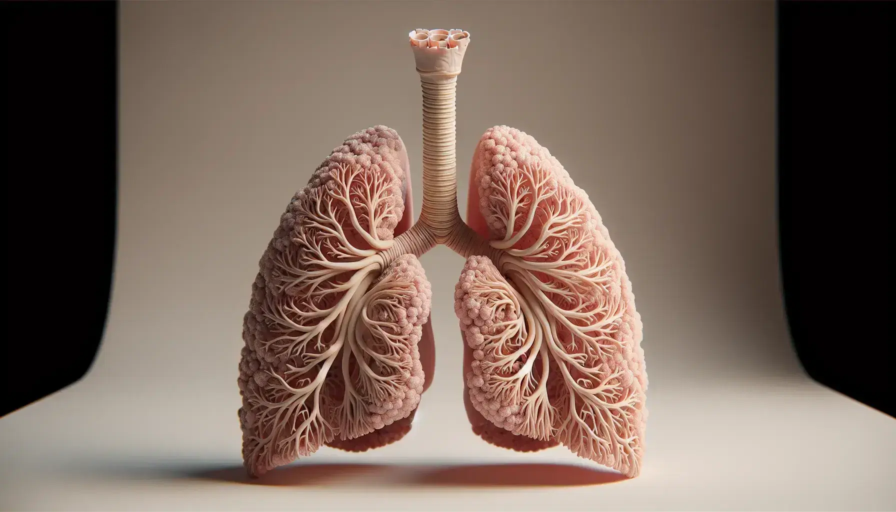 Modelo anatómico detallado del sistema respiratorio humano mostrando pulmones, bronquios y tráquea en tonos rosados y grises sobre fondo neutro.