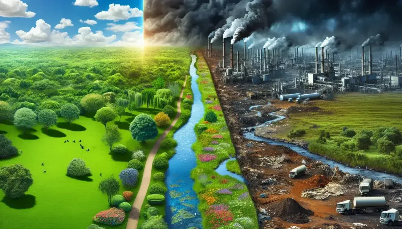 Lush green park with vibrant flora and clear stream on left contrasts with polluted, factory-filled landscape and tainted water on right.
