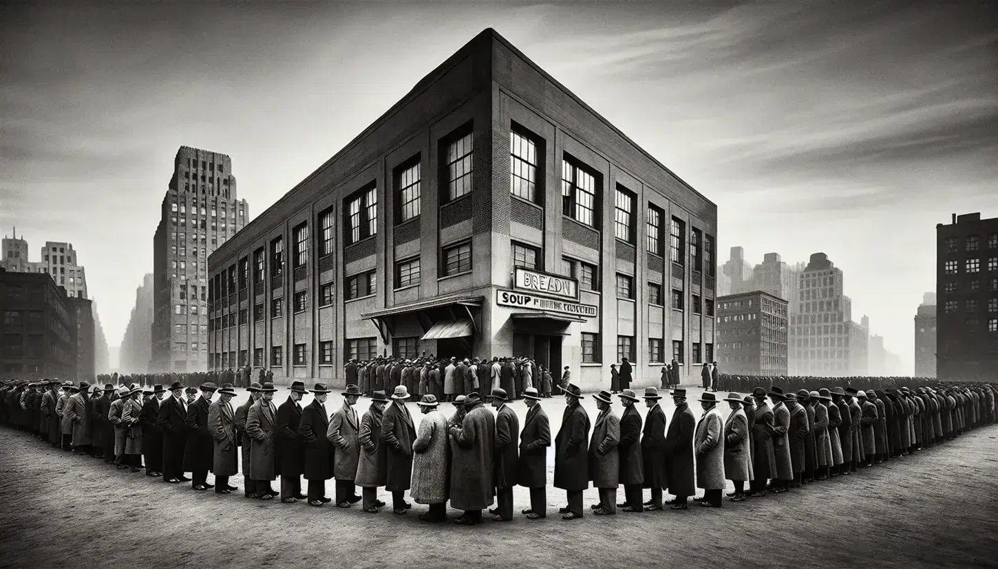 1930s-style monochrome photo depicting a diverse breadline with men in suits, women in dresses, and a simple soup kitchen against an Art Deco cityscape.