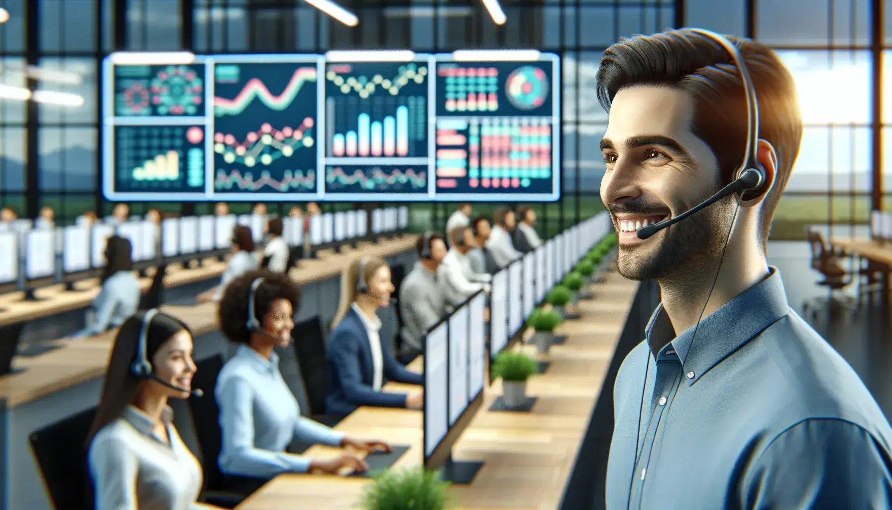 Diverse customer service team with headsets in a modern office, engaging with clients, surrounded by computers with colorful graphs.