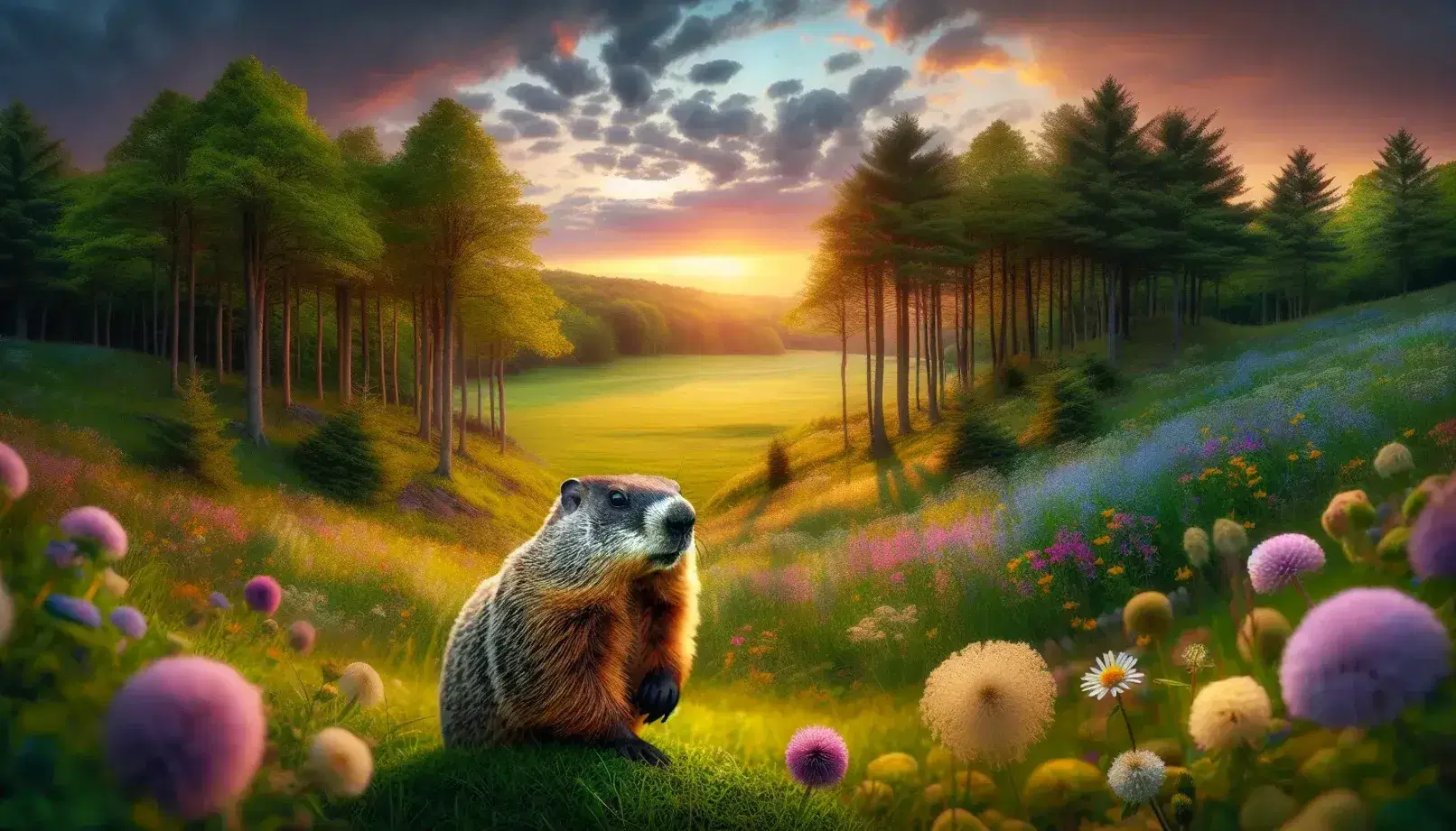 Alert groundhog standing in a lush meadow with wildflowers, against a backdrop of trees under a warm, sunset-streaked sky.
