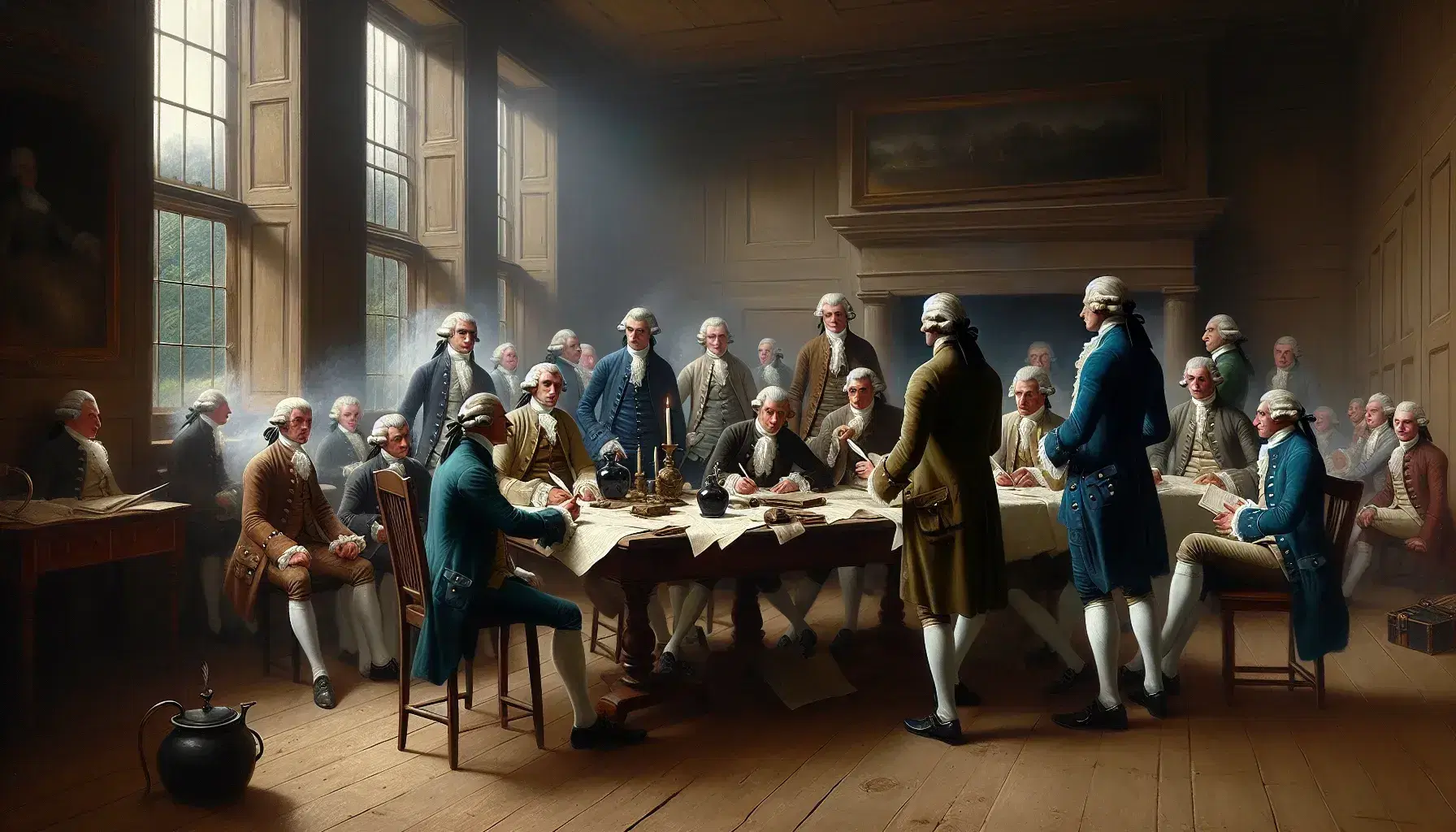 Late 18th-century scene with men in colorful waistcoats and breeches discussing documents at a wooden table, bathed in natural light and candle glow.