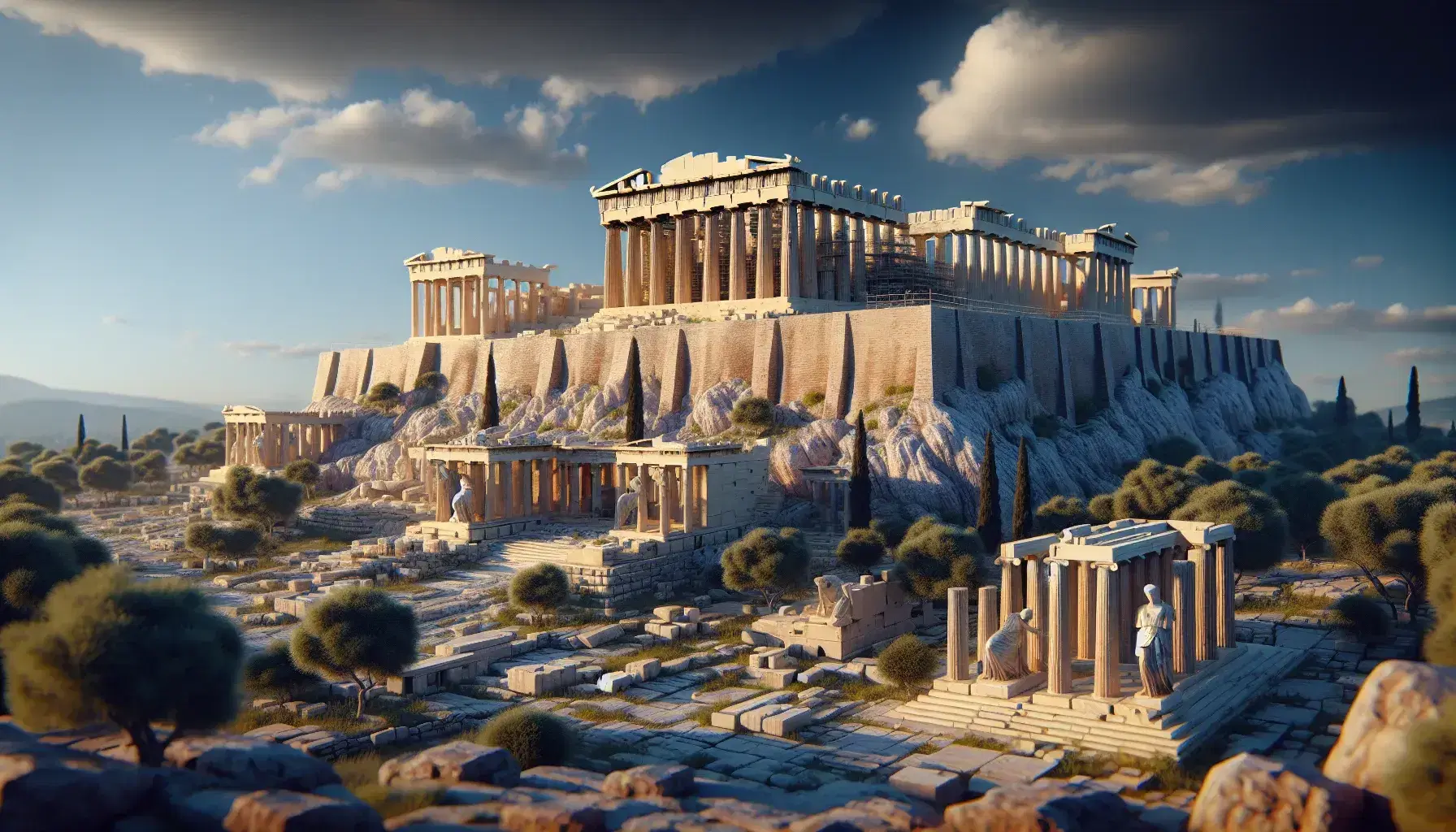 Reconstrucción tridimensional de la Acrópolis de Atenas destacando el Partenón con columnas dóricas y el Erechtheion con Cariátides bajo un cielo azul.