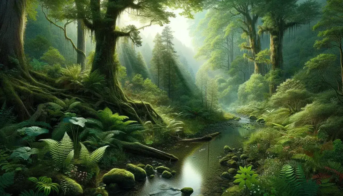 Tranquil forest scene with a stream, sunbeams filtering through the canopy, and deer drinking, showcasing rich biodiversity and ancient trees.