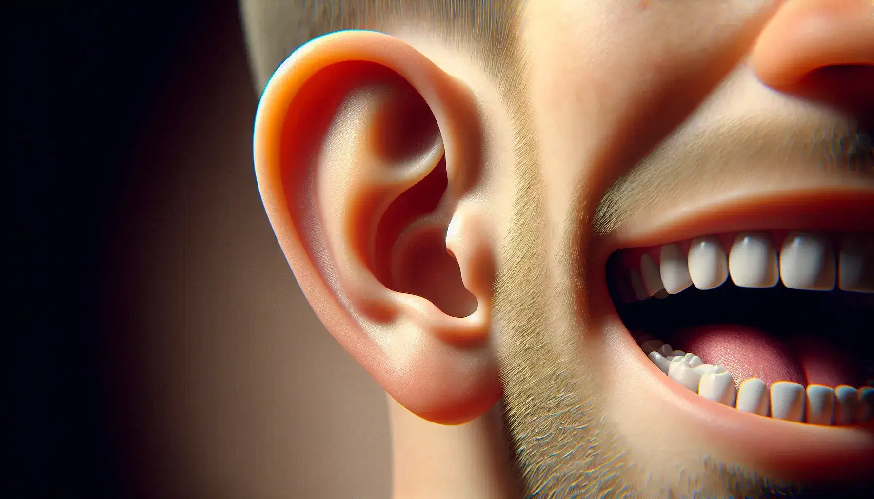 Primer plano de oreja humana y boca parcialmente abierta mostrando dientes blancos y punta de lengua rosada, con fondo neutro desenfocado.