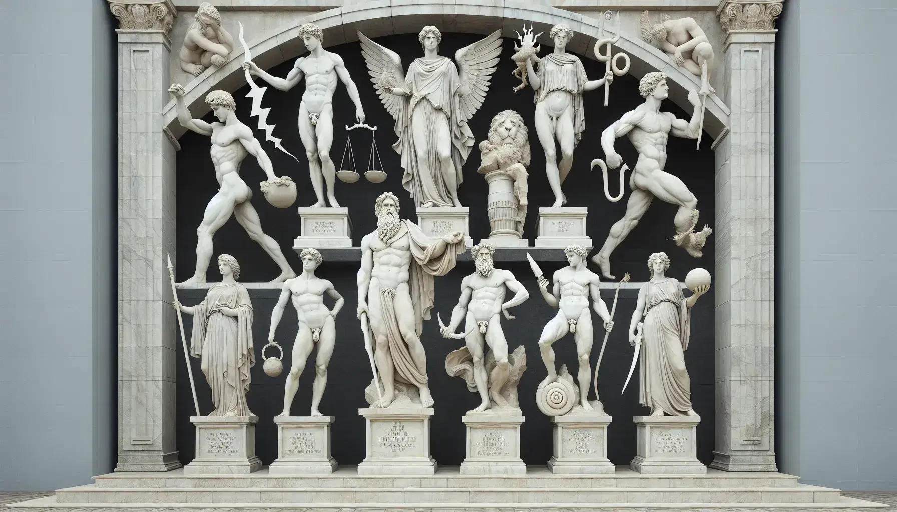 Conjunto de doce estatuas de mármol representando figuras mitológicas con atributos clásicos, dispuestas en semicírculo bajo cielo azul.
