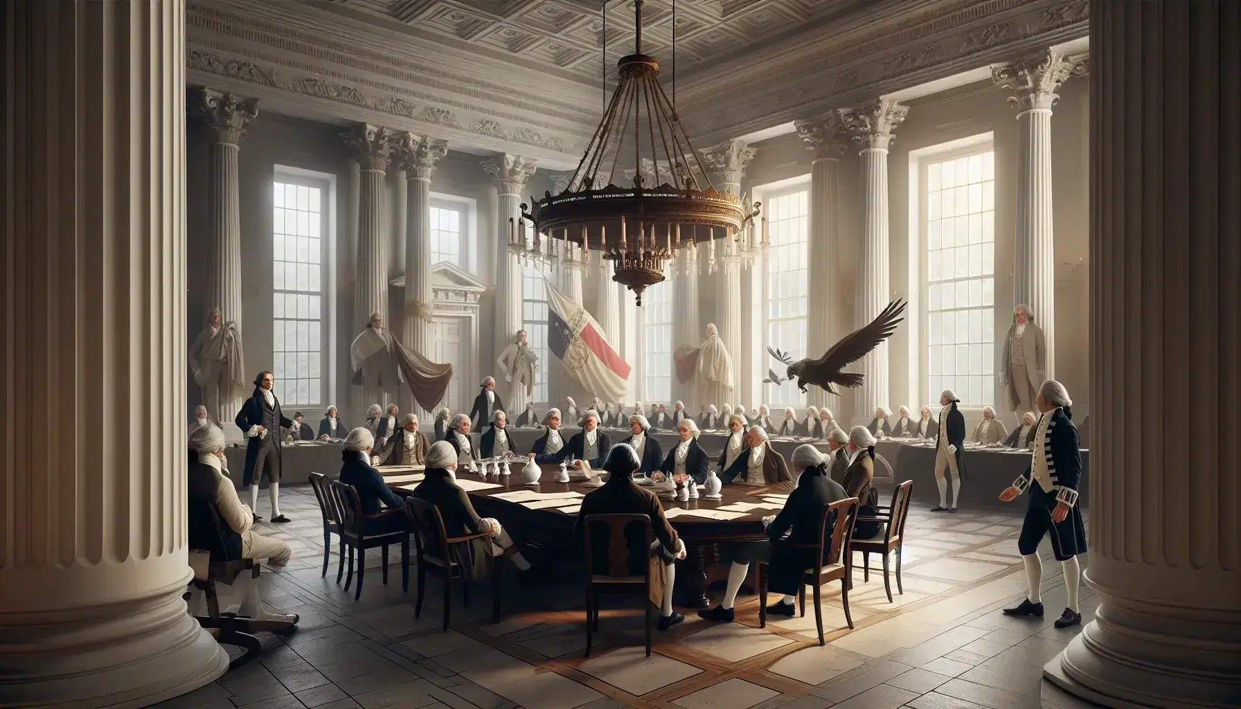 Escena histórica en sala neoclásica con hombres del siglo XIX debatiendo alrededor de una mesa ovalada, documentos y tinteros sobre ella, bajo un candelabro de cristal.