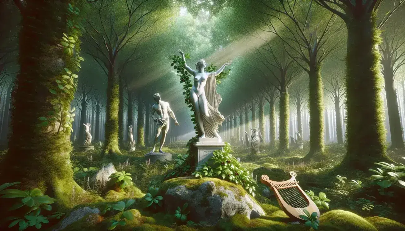 Statua marmorea di donna con braccia alzate e uomo in posa dinamica in foresta verde con lira e arco con frecce.