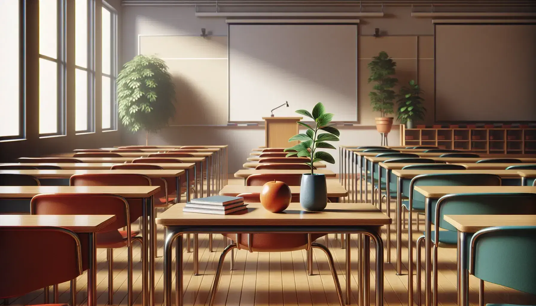 Classroom with a polished wooden desk featuring a potted plant, orange fruit, and blue mug, rows of red chairs, and a clean whiteboard in the background.