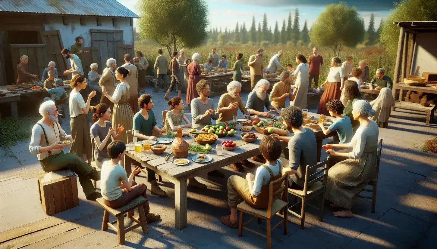 Grupo diverso disfrutando de un picnic al aire libre con comida en mesa de madera, rodeados de árboles en un día soleado.