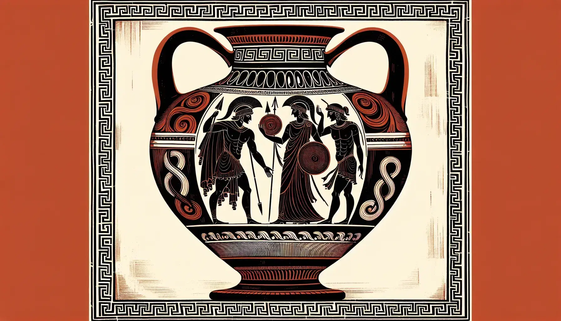 Ancient Greek amphora with black-figure pottery, depicting a warrior with shield and spear, flanked by figures with a lyre and narration, adorned with wave and spiral patterns.