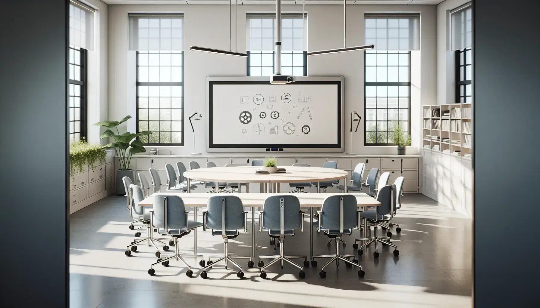 Aula moderna e luminosa con tavolo ovale, sedie ergonomiche blu, lavagna interattiva, quadri tematici e pianta verde.