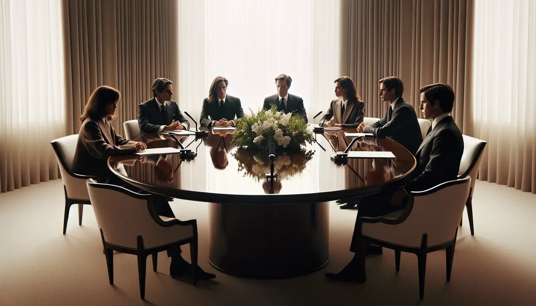 Grupo de cinco profesionales en reunión formal alrededor de una mesa ovalada de madera oscura con arreglo floral central, micrófonos y papeles, en una sala iluminada naturalmente.