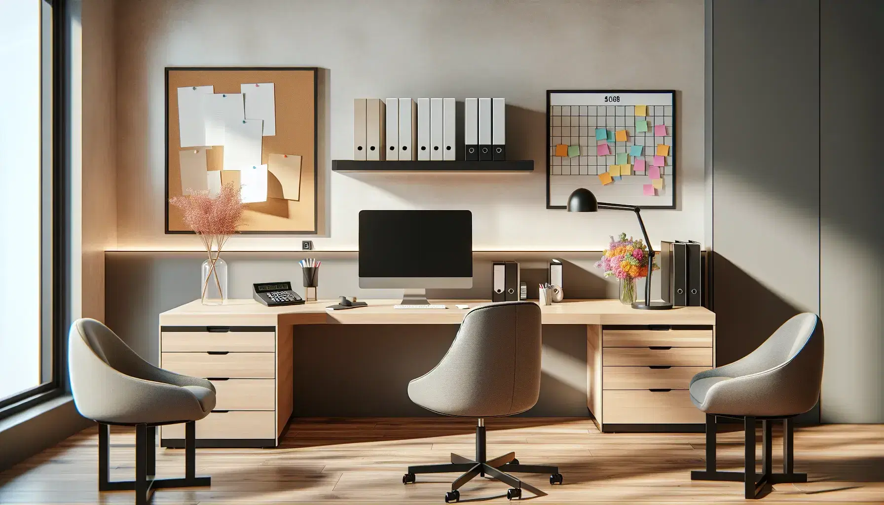 Modern office with an L-shaped light wood desk, ergonomic chair, computer, calculator, paper trays, a round table with gray chairs and a vase of flowers, and a bulletin board with sticky notes above a filing cabinet.