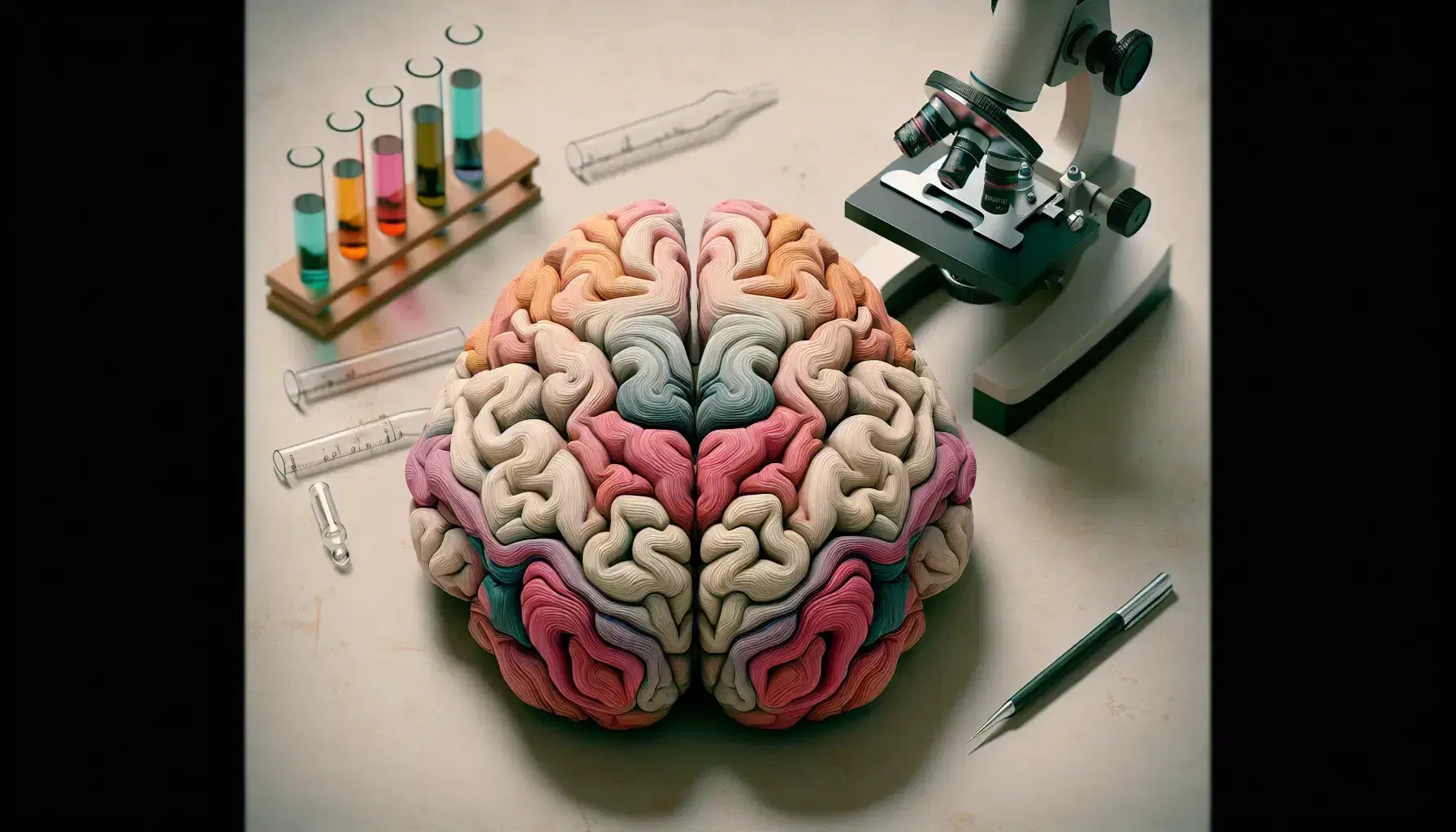 Rappresentazione dettagliata di un cervello umano visto dall'alto con emisferi distinti, microscopio parziale e provette colorate su sfondo neutro.