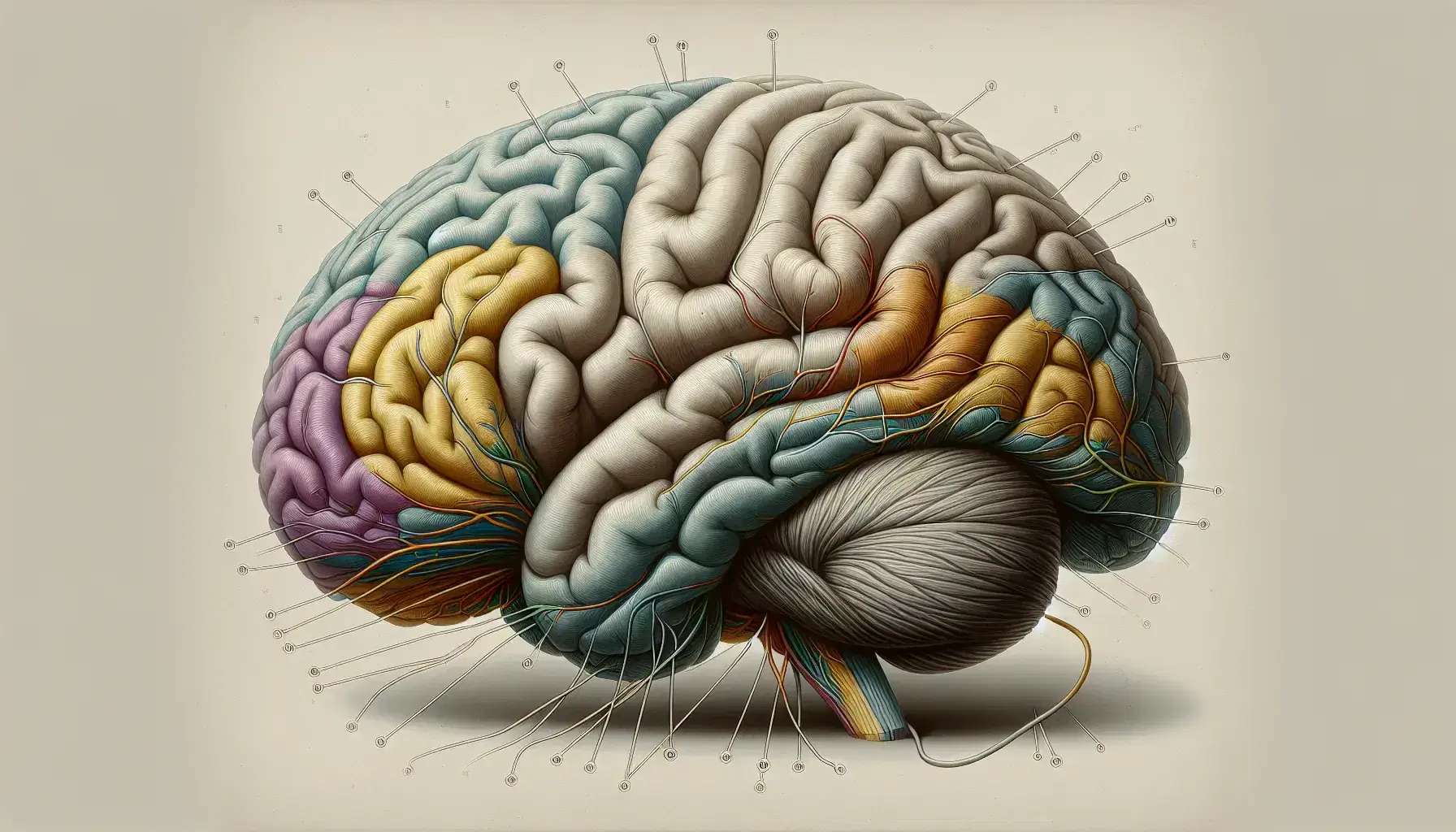 Rappresentazione grafica tridimensionale del cervello umano con evidenziazione del sistema motorio extrapiramidale in colori vivaci e percorsi neurali gialli.