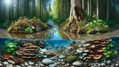 Lush forest ecosystem with a flowing stream, decomposing log with fungi, diverse flora, soaring bird of prey, and grazing deer.