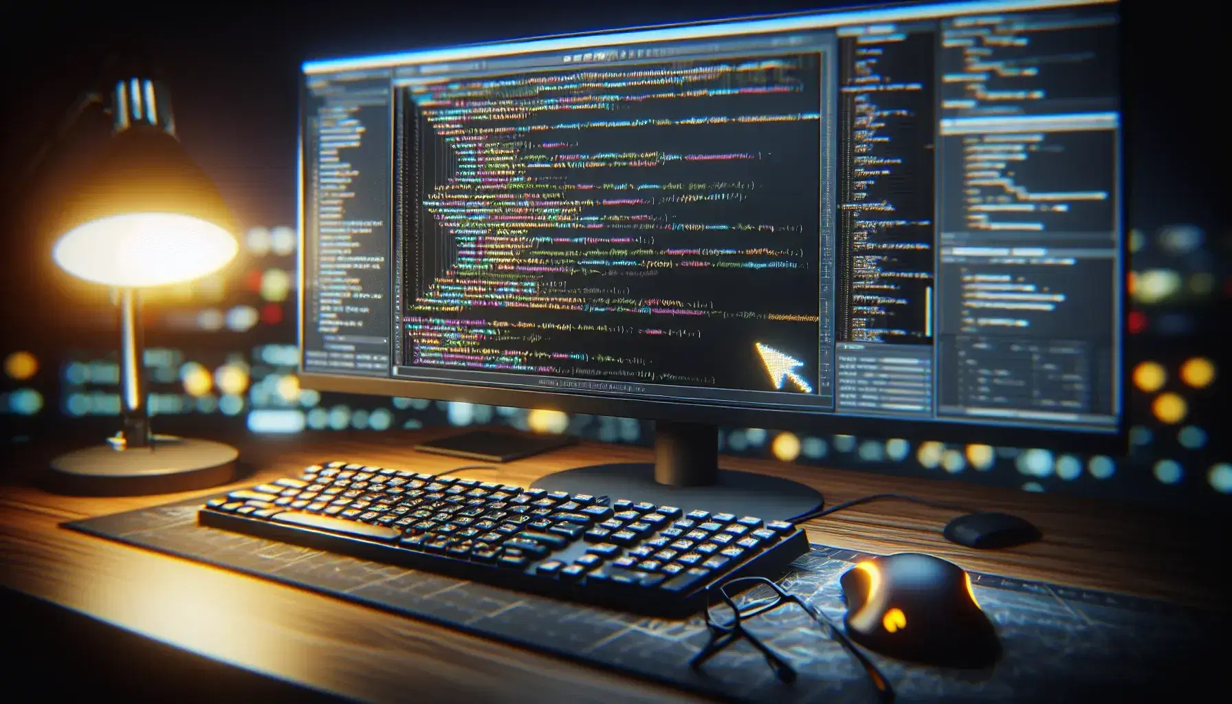Close-up of a monitor with software development environment and blurred code, colored arrow points to the running line, keyboard without symbols and eyeglasses.