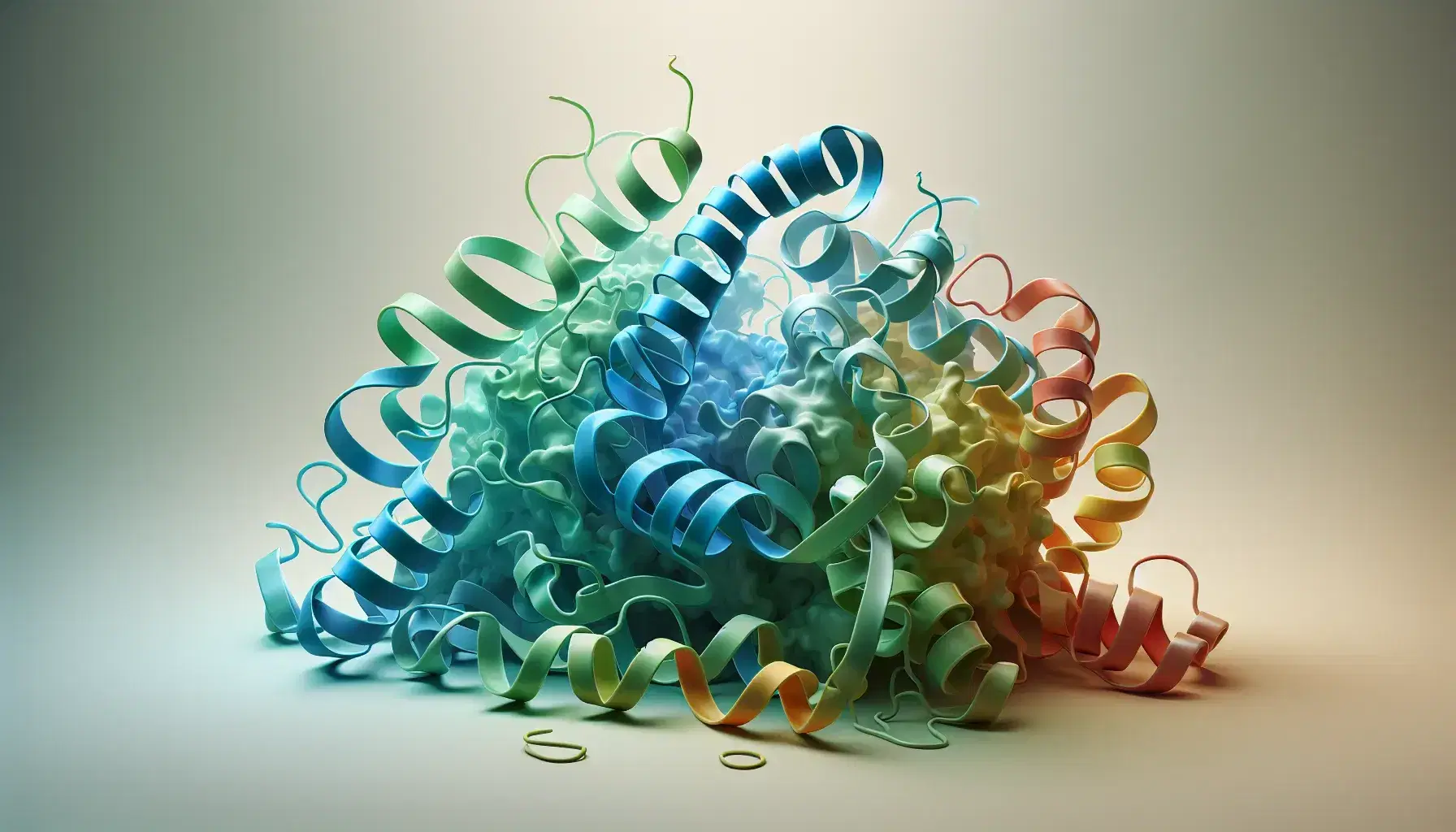 Three-dimensional ribbon model of a protein structure with blue alpha-helices, green beta-sheets and red and yellow loops on a gray gradient background.