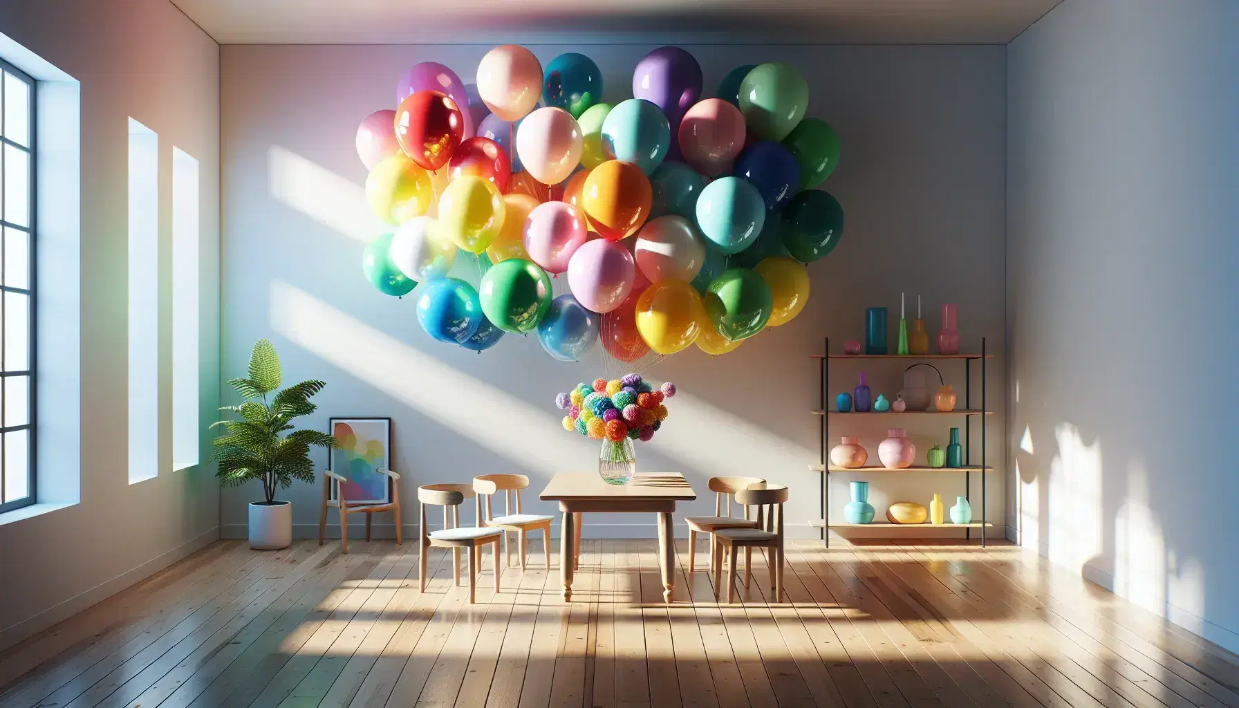 Habitación luminosa con globos de colores flotando, mesa de madera con flores y estante con decoración pastel, sin personas.
