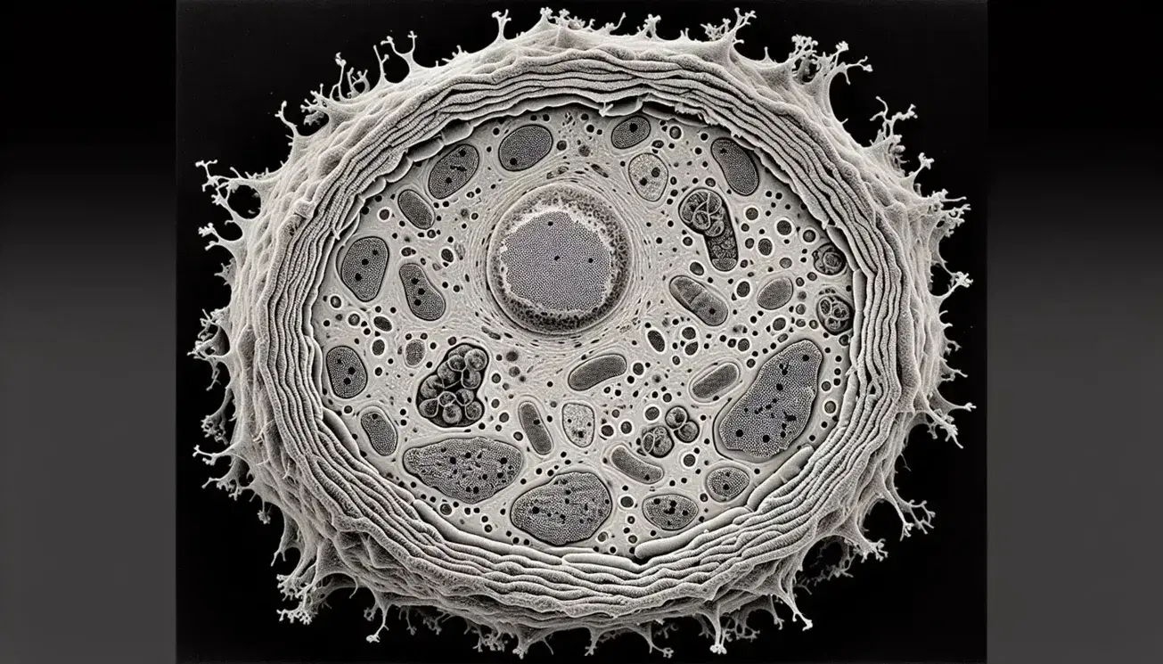 Vista microscópica de sección transversal de célula animal mostrando núcleo, citoplasma con orgánulos y membrana plasmática con bombas de iones.