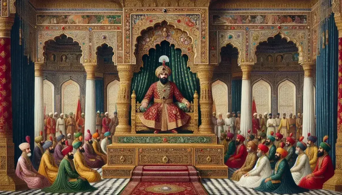 Majestic Mughal emperor seated on a golden throne, surrounded by court officials and nobles in a grand hall with Mughal architecture and decor.