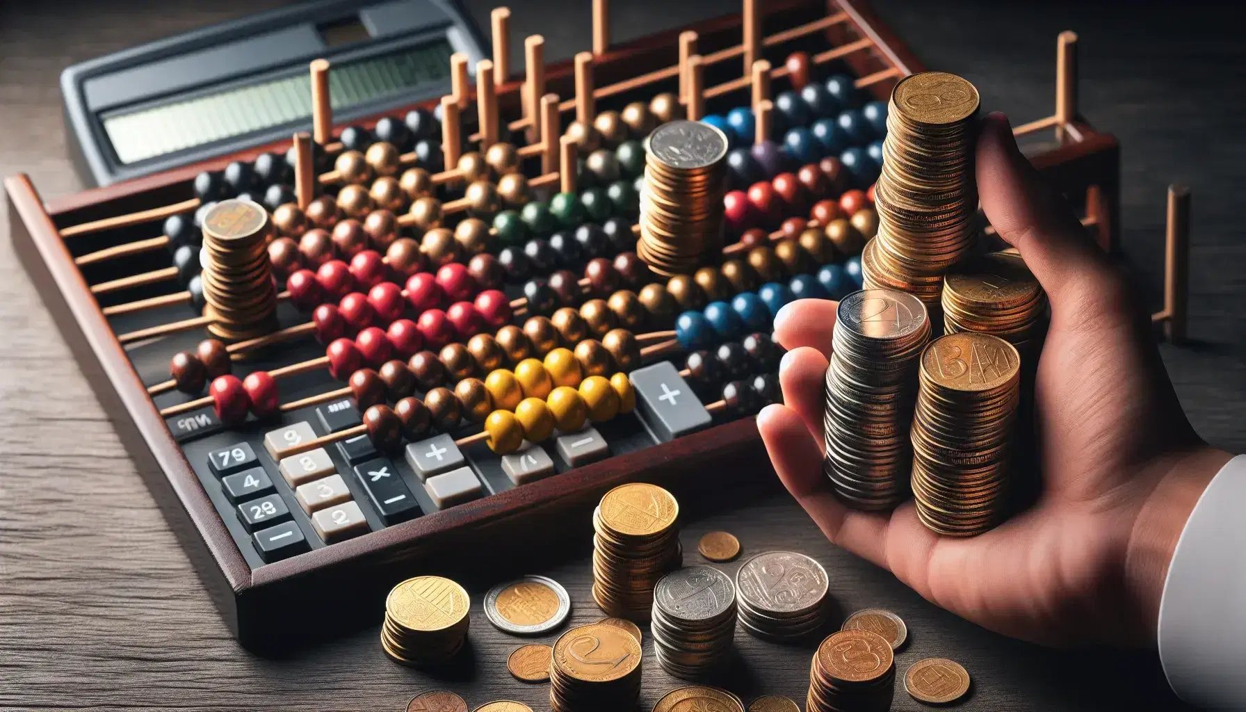 Monedas de distintos tamaños y colores apiladas en torres, calculadora negra desenfocada y ábaco con cuentas de colores, mano sosteniendo moneda dorada.