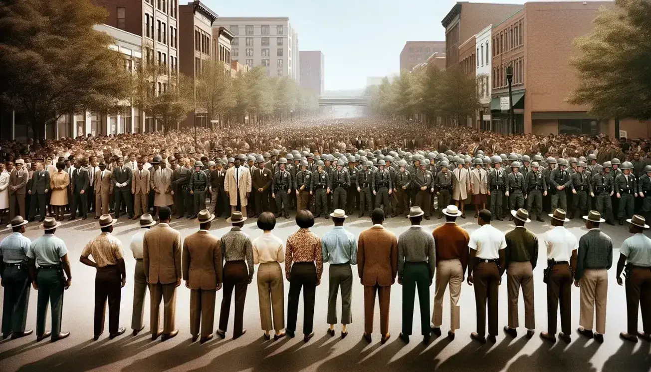Peaceful African American protesters in 1960s attire walking away from a line of uniformed police officers on a sunny city street.