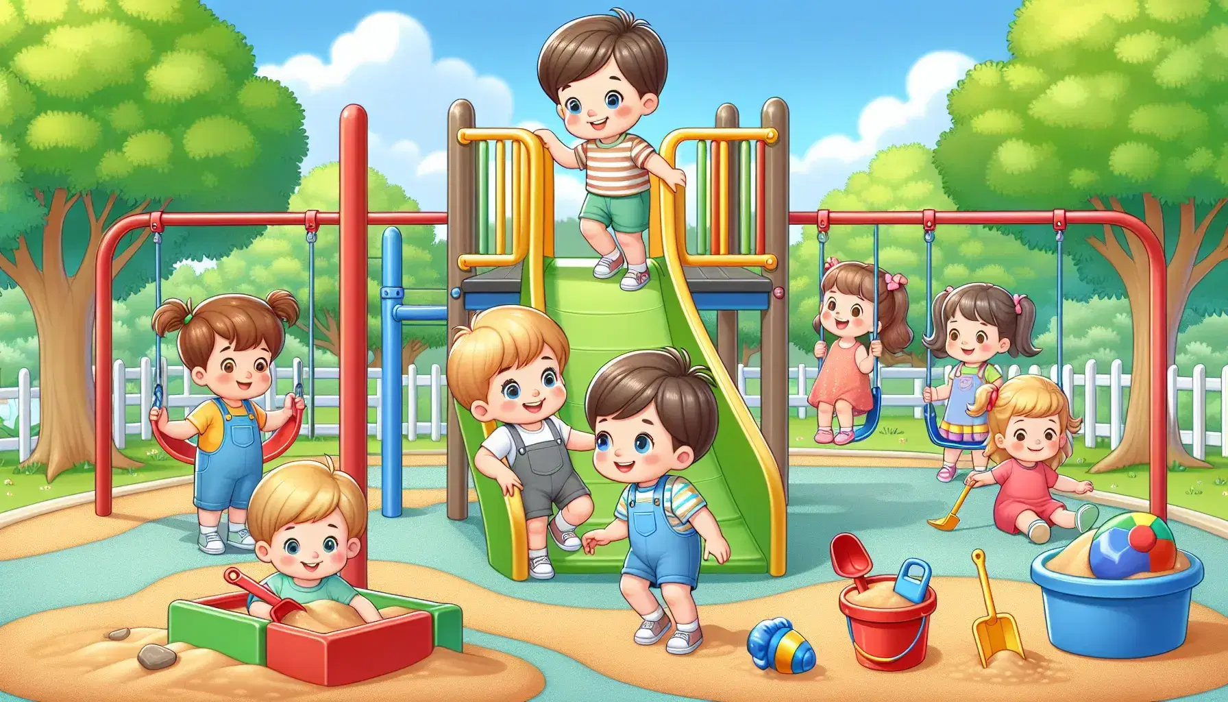 Niños jugando en parque infantil al aire libre con tobogán amarillo, columpios y arenero, rodeados de árboles y cielo azul.